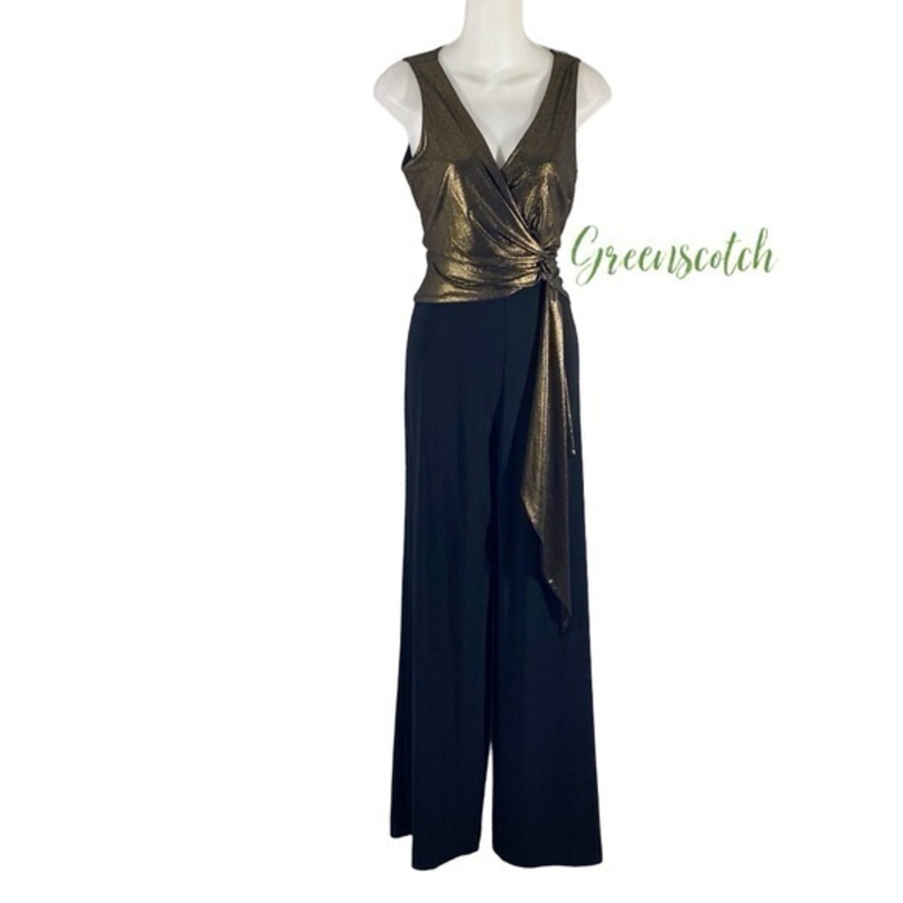 Taylor Black Label black gold faux wrap jersey stretch jumpsuit 4 I10